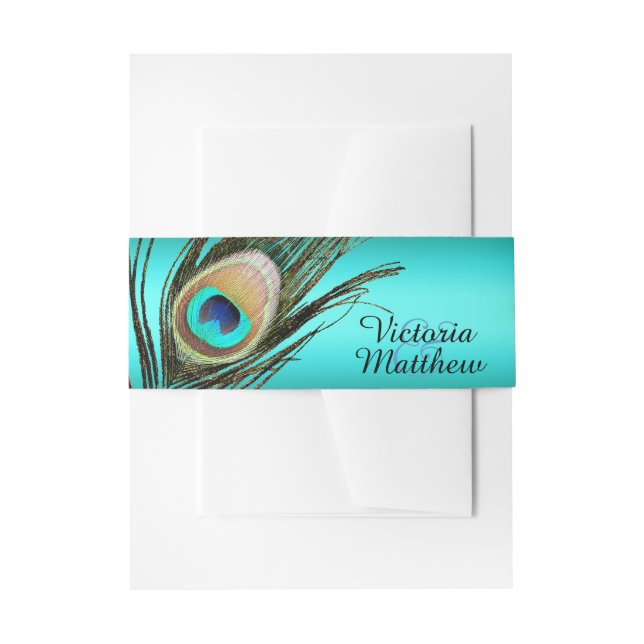 Teal Blue Peacock Invitation Belly Band (Front Example)