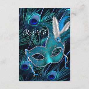Teal Blue Peacock Mask Masquerade Party RSVP Card