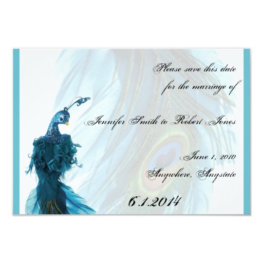 Teal Blue Peacock Plume Save the Date Card