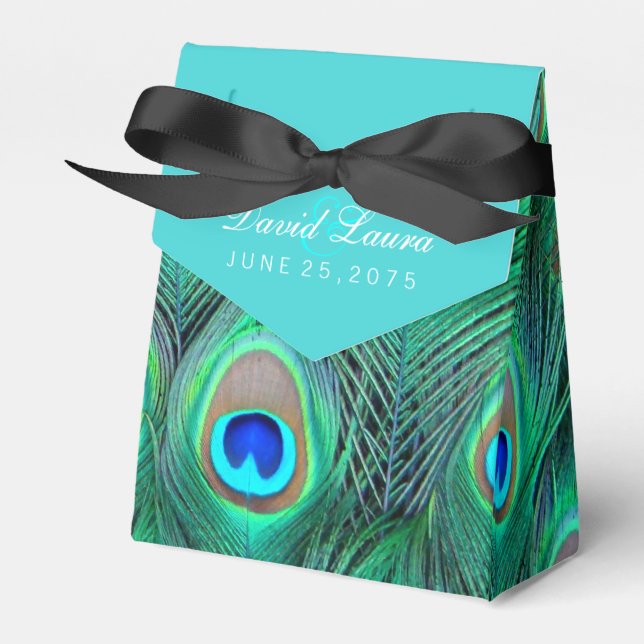 Teal Blue Peacock Wedding Favour Box (Front Side)