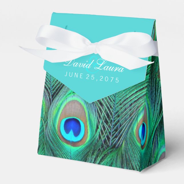 Teal Blue Peacock Wedding Favour Box (Front Side)