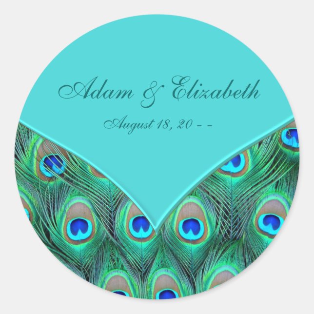 Teal Blue Peacock Wedding Favour Label (Front)