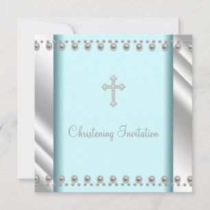 Teal Blue Pearl Cross Baby Baptism Christening Invitation