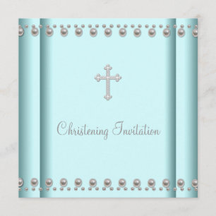 Teal Blue Pearl Cross Baby Boy or Girl Christening Invitation