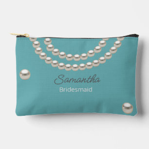Teal Blue Pearl Necklace Accessory Pouch