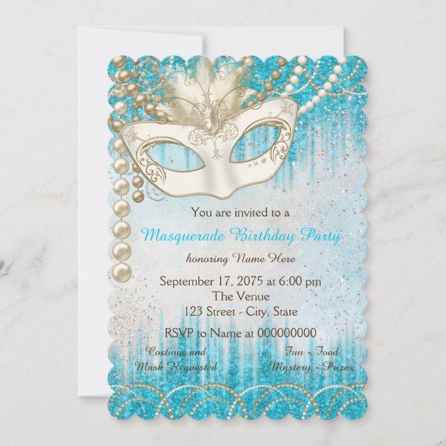 Teal Blue Pearl Watercolor Masquerade Party Invitation (Front)