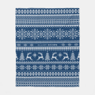 Teal Blue Personalised Name Christmas Sweater Fleece Blanket