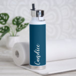 Teal Blue Personalised Wedding Bridesmaid Water Bottle<br><div class="desc">Gift your wedding bridesmaid or maid of honour with this trendy, vacuum Insulated water bottle that features her name in white, stylised script on a teal blue colour background designed to match your wedding colour scheme. Personalise bottle by editing and replacing name with your own as desired. Select your water...</div>