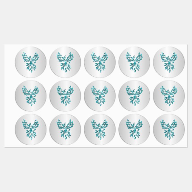 Teal Blue Phoenix Rises on Silver (Sheet)