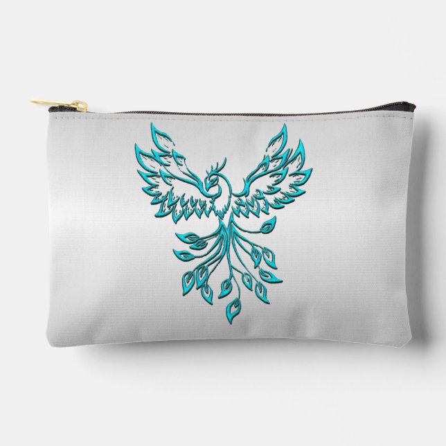 Teal Blue Phoenix Rises on Silver Accessory Pouch (Front)