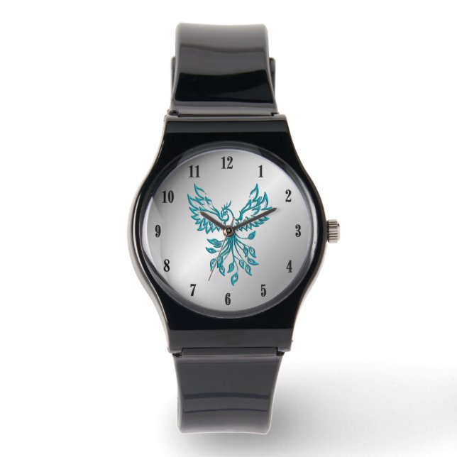 Teal Blue Phoenix Rises on Silver Black Numbers Watch (Front)