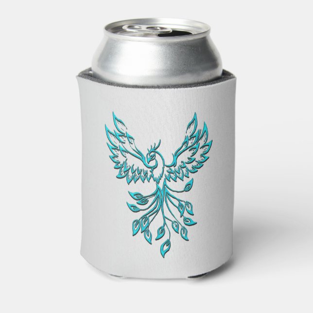 Teal Blue Phoenix Rises on Silver Can Cooler (Can Back)