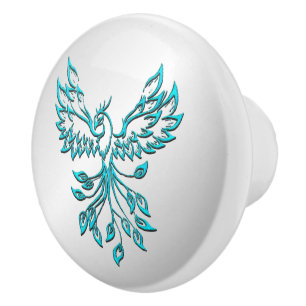 Teal Blue Phoenix Rises on Silver Ceramic Knob