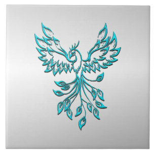 Teal Blue Phoenix Rises on Silver Ceramic Tile