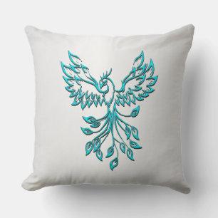 Teal Blue Phoenix Rises on Silver Cushion