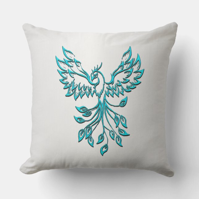 Teal Blue Phoenix Rises on Silver Cushion (Front)