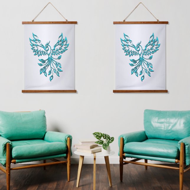 Teal Blue Phoenix Rises on Silver Hanging Tapestry (Living Room)
