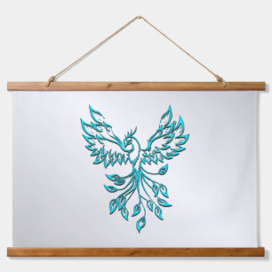 Teal Blue Phoenix Rises on Silver Hanging Tapestry