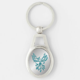 Teal Blue Phoenix Rises on Silver Key Ring