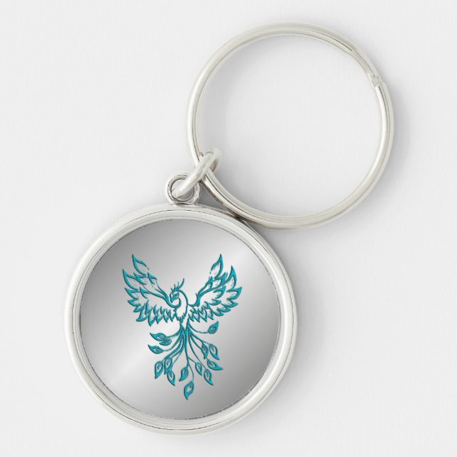 Teal Blue Phoenix Rises on Silver Key Ring (Front)