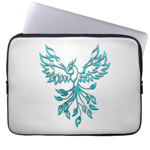 Teal Blue Phoenix Rises on Silver Laptop Sleeve