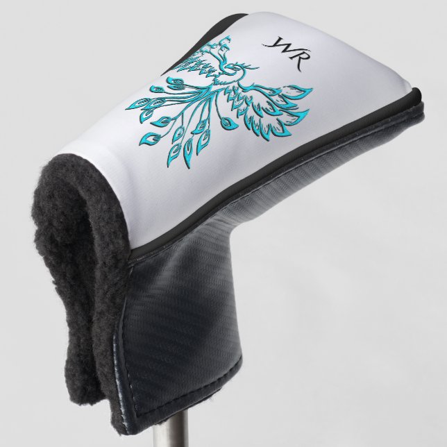 Teal Blue Phoenix Rises on Silver Monogram Golf Head Cover (3/4 Front)