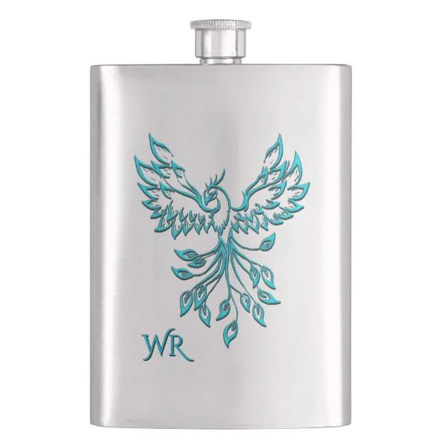 Teal Blue Phoenix Rises on Silver Monogram Hip Flask (Front)