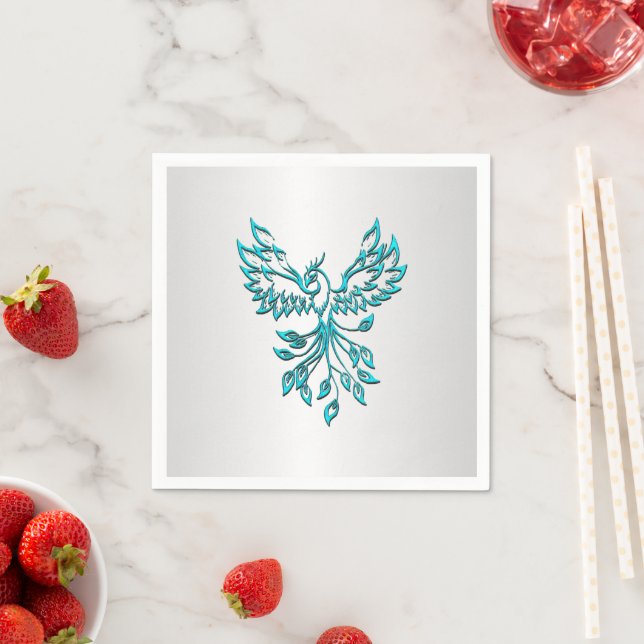 Teal Blue Phoenix Rises on Silver Napkin (Insitu)