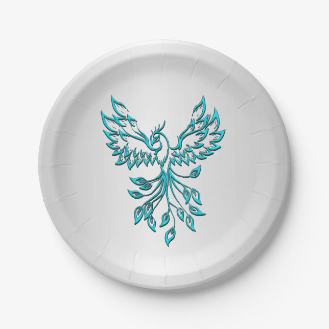 Teal Blue Phoenix Rises on Silver Paper Plate (Front)