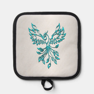 Teal Blue Phoenix Rises on Silver Pot Holder