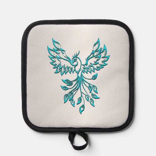 Teal Blue Phoenix Rises on Silver Pot Holder (Front)