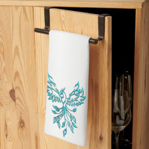 Teal Blue Phoenix Rises on Silver Tea Towel