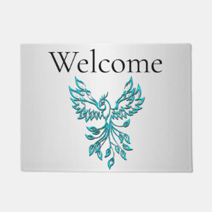 Teal Blue Phoenix Rises on Silver Welcome Doormat
