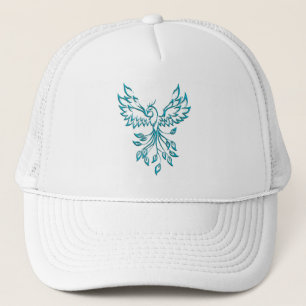 Teal Blue Phoenix Rises on White Trucker Hat