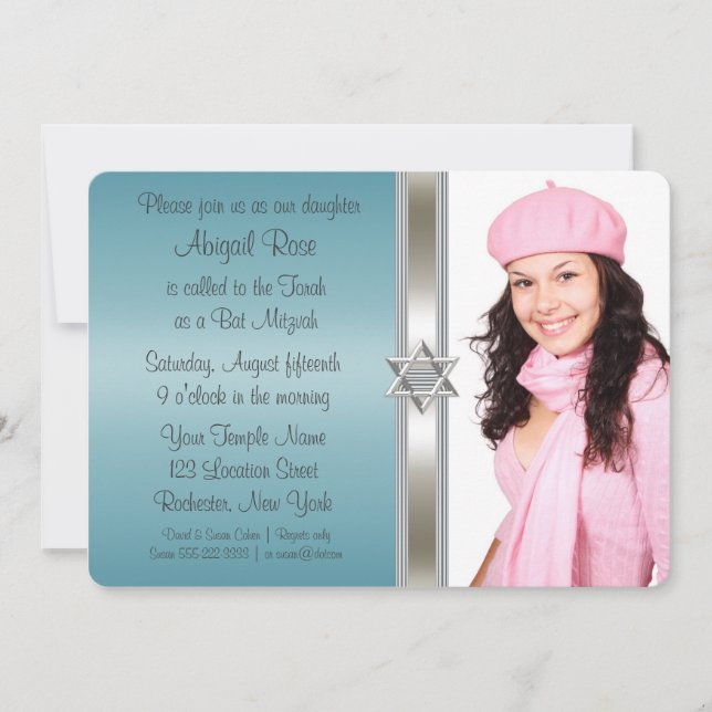 Teal Blue Photo Bat Mitzvah Invitation (Front)