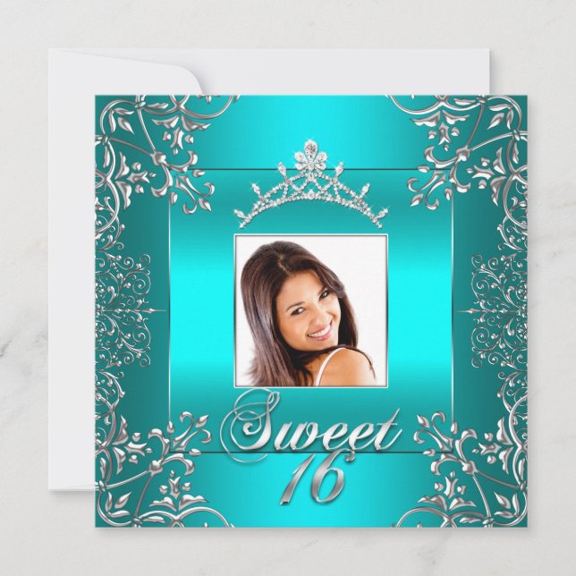 Teal Blue Photo Sweet 16 Sixteen 16th Birthday Invitation (Front)