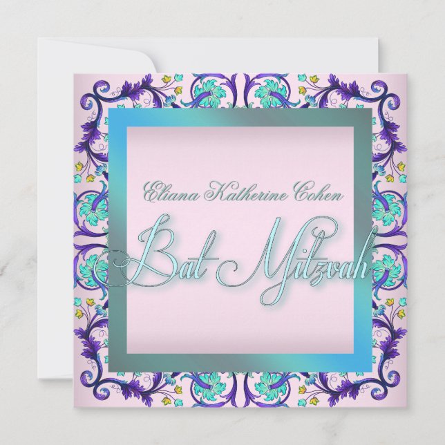 Teal Blue Pink Bat Mitzvah Invitations (Front)