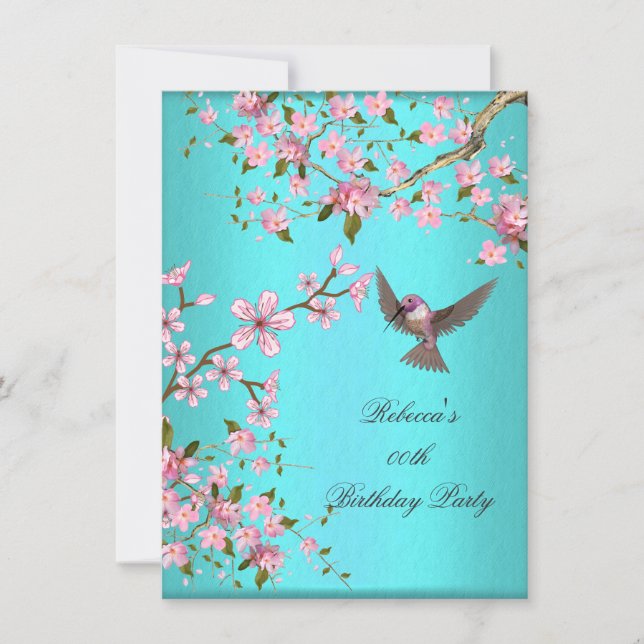 Teal Blue Pink Cherry Blossom Birthday Party Invitation (Front)