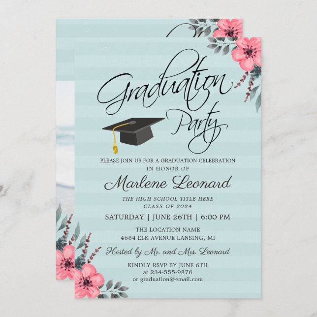 Teal Blue Pink Floral Gold Script Photo Graduation Invitation (Front/Back)