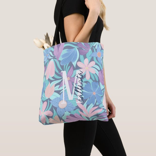 Teal Blue Pink Floral Illustration Monogram Tote Bag (Close Up)