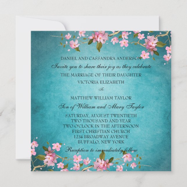 Teal Blue Pink Japanese Cherry Blossoms Wedding Invitation (Front)