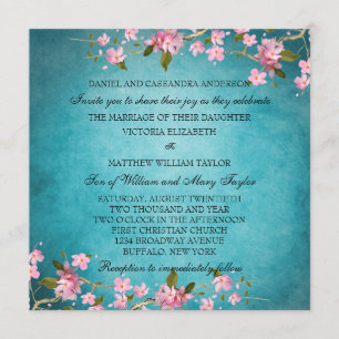Teal Blue Pink Japanese Cherry Blossoms Wedding Invitation