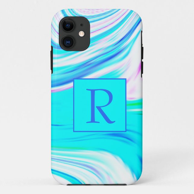 Teal Blue Pink White Abstract Waves Monogram Cute Case-Mate iPhone Case (Back)