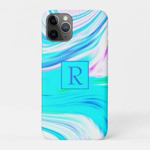 Teal Blue Pink White Abstract Waves Monogram Cute iPhone 11 Pro Case