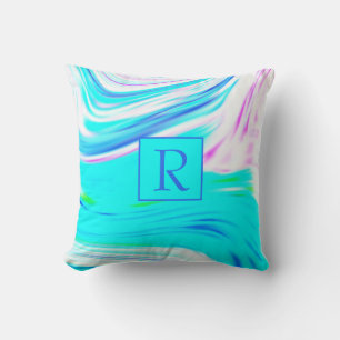 Teal Blue Pink White Abstract Waves Monogram Cute Cushion