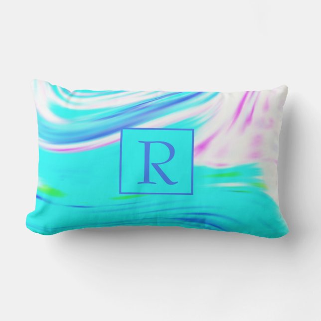 Teal Blue Pink White Abstract Waves Monogram Cute Lumbar Cushion (Front)
