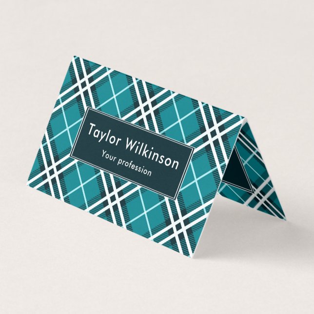 Teal Blue Plaid Business Card (Front)