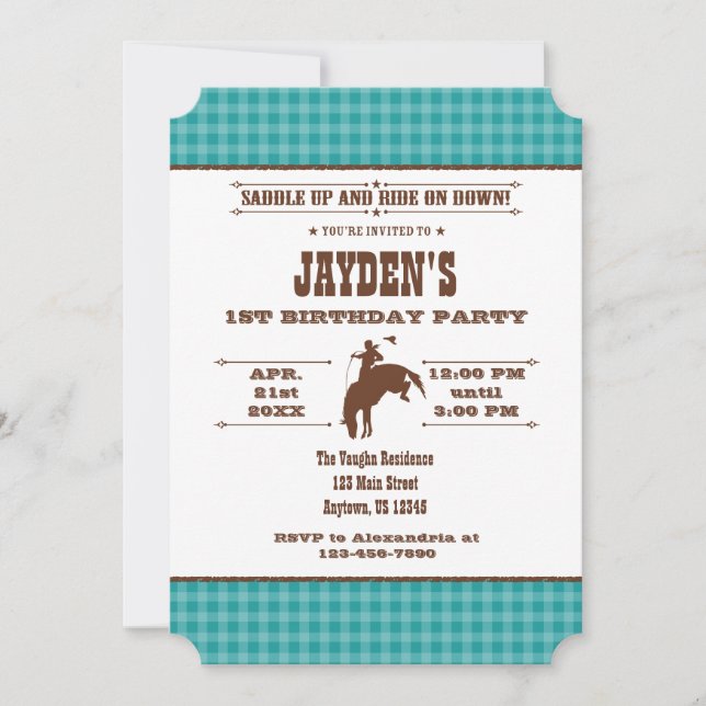 Teal Blue Plaid Cowboy Rodeo Birthday Invitation (Front)