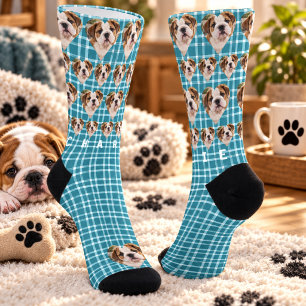 Teal Blue Plaid Custom Pet Photo Socks