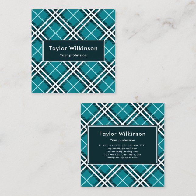 Teal Blue Plaid Square Business Card (Front/Back)